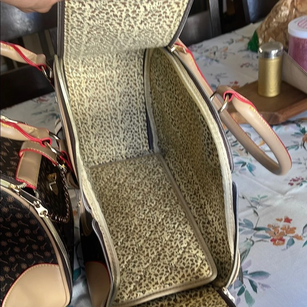 Classic Brown Patterned Pet Carrier with Tan Trim and Red Accents
